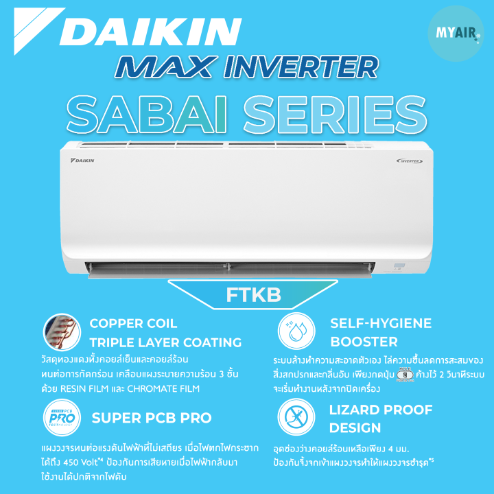 แอร์ Daikin รุ่น Sabai series inverter 9000,12000,18000,24000 BTU ระบบอินเวอร์เตอร์ FTKB