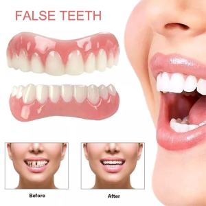 2Pair Fake Tooth Kit Perfect Smile Denture Fit Flex Cosmetic Teeth Comfortable Veneer Cover False Dental Tool Veneer Silicone Upper/Lower Teeth Veneers Whitening Tooth Kit