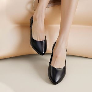 SHUTA Womens Black Slip-On Shoes 5CM Rubber Non-Slip Sole Stylish High Heels for Students & Professionals Comfortable Office Footwear Classic 090523
