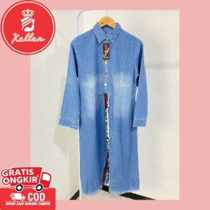 Kemeja Tunik Wanita Atasan Jeans Kekinian Bahan Adem Korean Style Fashion Wanita Terbaru - XELLEA