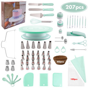 cake decorating set with 207 pieces including turntable spatulas piping bags tips scissors whisk and baking accessories.