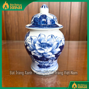 [L1] Chóe Thờ Men Lam Hoa Sen Vẽ Kĩ Gốm Sứ Bát Tràng Cao Cấp – Chung Thờ Hũ Đựng Muối Gạo Nước