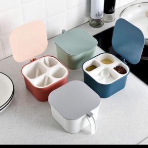 Set Kotak Bumbu Dapur 4 Sekat Free Sendok / Tempat Bumbu Dapur Serbaguna 4 in 1 - Kitchen Seasoning Pot Organizer Spices Storage / Kotak Rempah 4 Sekat Serbaguna - Wadah Penyimpanan Multifungsi / Rak Bumbu Tempat Garam Gula Merica Bubuk Rempah Rempah