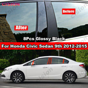 8Pcs Carbon Fiber Car Door Window Center B C Pillars Post Cover Trim For Honda Civic FB G9 9th Generation 2021-2023 PC Material Not Just Sticker Mirror Effect Glossy Black Middle Column Styling Accessories