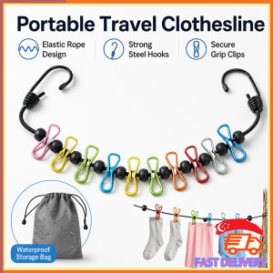 SG In Stock Portable Travel Clothesline 1.8m With 12 Clips Non-Slip Elastic Laundry Drying Rope with Storage Pouch