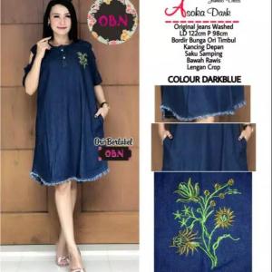 Asoqa Dress Wanita Korea Jeans Jumbo XXL TERMURAH - Midi Dress Pesta Lengan Pendek Big Size - Sabrina Dress Denim Cantik - Dress Sabrina Wanita Model Terbaru