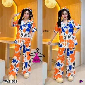 TW21562 Set 3 ชิ้น เสื้อคอปกสกรีน + สายผูกโบว์ + กางเกงขายาว