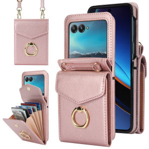 Crossbody Cards Solt Wallet Leather Ring Holder Case For Motorola Razr 50 Ultra Razr50 40 Long Lanyard Pocket Bag RFID Cover