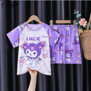 ChoiFoo ชุดนอนลายการ์ตูนของเด็กชุดนอนคุโรมิน่ารักชุดนอนชุดนอนแบบสบายๆหลวมเย็นสบายและระบายอากาศได้ดีชุดนอนเสื้อแขนสั้นสำหรับหน้าร้อนชุดนอนผ้านุ่มใส่สบายเหมาะสำหรับใส่อยู่บ้าน