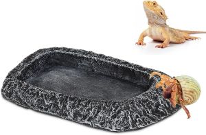 Reptile Water Dish Food Bowl for Bearded Dragon Tank Accessories Hygger zoo Reptile Rock Feeder for Reptile Tank 2 Pack Corner Resin Terrarium Bowl for Leopard Gecko Hermit Crab Tortoise Snake Black