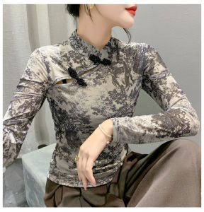 REHIN Autumn new retro plate buckle hand-beaded Classic Traditional style hollow hot gold double-layer mesh long-sleeved T-shirt women blouse