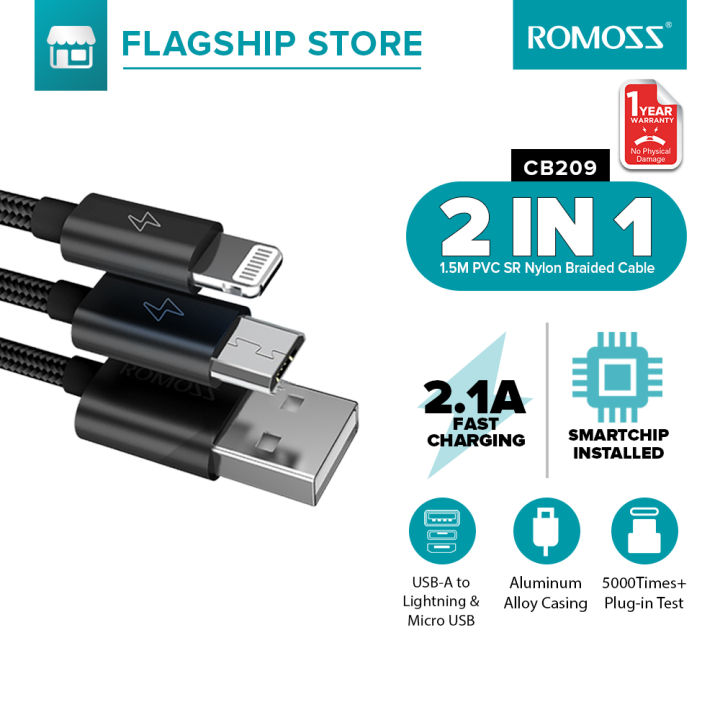 Romoss CB209 Nylon-braided Lightning Micro-USB 2-in-1 Cable/ CB219  Nylon-braided Lightning Type C in Cable Lazada PH