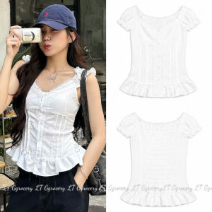 Áo kiểu nữ trễ vai áo sát nách chất Linen xinh vạt xòe cài nút phối Ren mặc hè
