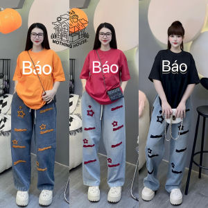 {READY STOCK} Fashionable womens summer set featuring a loose-fitting design American-style short sleeves printed wide-leg pants and a casual two-piece outfit