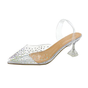 [Free Shipping] Pointed Toe Thin Heel High Heels Women Rhinestone Hollow Back Half Strap High Heel Sandals Women Heels Sandals