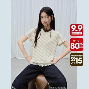 Giordano Women Lace hem striped short sleeve tee Free Shipping 18326617