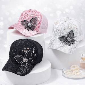 IFFINE Breathable Womens Baseball Cap Black Rhinestone Mesh Sun Hat Fashion Adjustable Peaked Cap Spring Summer Autumn