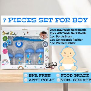 7 IN 1 Wide Neck Anti-Colic BPA Free Baby Bottle Feeding Gift Set 4OZ 8OZ-Pacifier w/ Holder &Brush