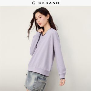 Giordano Beau Monde Women Contrast trim v-neck cotton sweatshirt Free Shipping 13326646