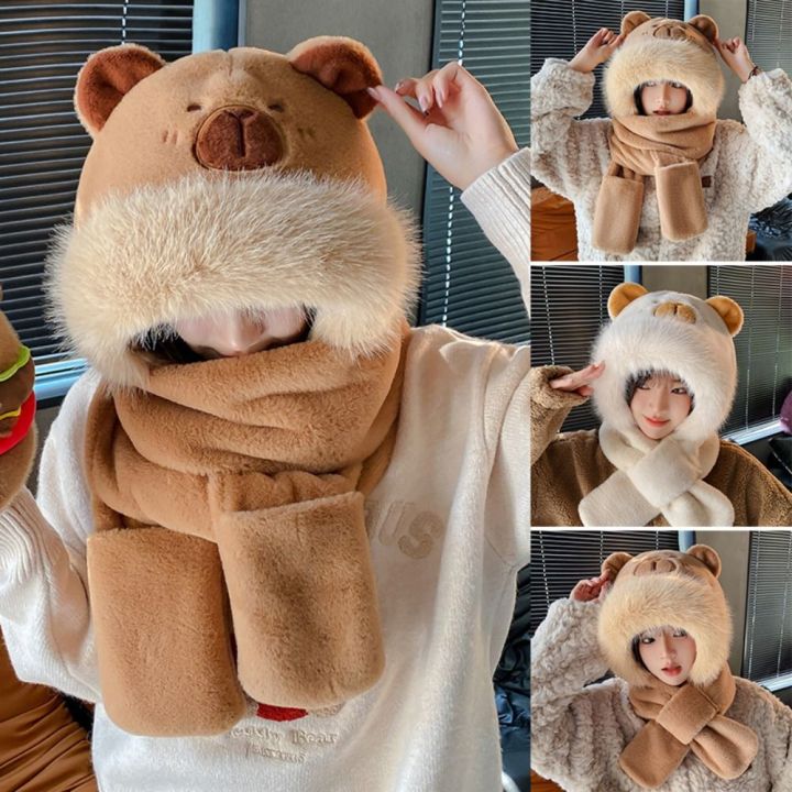 DOHOHO การ์ตูน Capybara ชุดหมวกผ้าพันคอถุงมือ วันพีซ หนาอบอุ่น หมวกบีน ...