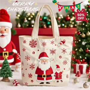 Belfoyer ถุงผ้าใบพิมพ์คริสต์มาสChristmas กระเป๋าถือพิมพ์เทศกาลกระเป๋าของขวัญคริสต์มาสน่ารัก