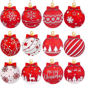12Pcs Christmas Wood Pendant Red Bow Balls Garland Hanging Ornament Home Party DIY Xmas Tree Craftts Decor Hangings