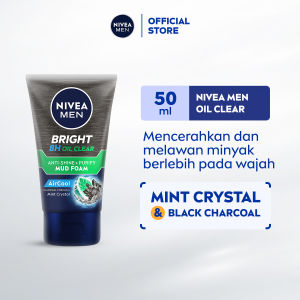 NIVEA MEN Facial Foam Bright Oil Clear Anti Shine + Purify Cooling  50ml - Sabun cuci muka pria mencerahkan minyak berlebih berminyak kulit kusam facial wash pembersih wajah cerah dingin mengecilkan pori komedo - Black Charcoal Mint Crystal