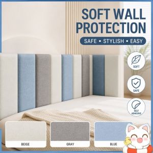 3D Solid Color Soft Linen Wall Sticker Self Adhesive Anti Collision Headboard Panel Baby Safety Home Wall Decor