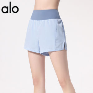 ALO- ชุดกีฬาฤดูร้อนสองชิ้นปลอมสำหรับผู้หญิง สำหรับฝึกซ้อมและวิ่ง กางเกงฟิตเนสเอวสูงแบบบล็อกสี กางเกงโยคะข้ามพรมแดน Al0-yoga