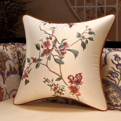 FCNew Chinese Style Floral Bird Embroidery Sofa Pillow Car Lumbar Support Soft Cushion Back Cover European Style Square Pillow