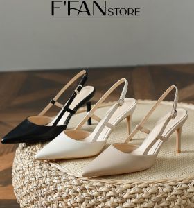 Giày nữ mũi nhọn hở gót [DA THẬT] cao gót đế nhọn bít mũi 810 da mềm mại big size màu đen be trắng FFAN STORE