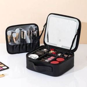 SG STOCK Makeup Bag with Mirror Led Light Cosmetic Bag Travel Size Cosmetic Storage Box Make Up Pouch Portable & Large Capacity