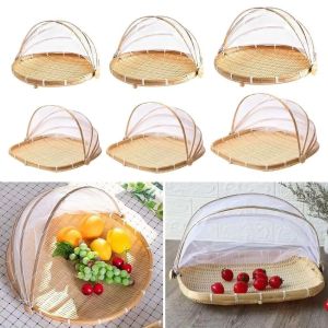 JIJES Bamboo Anti-insect Dustproof Basket Multi-function Reusable Food Storage Basket Durable with Mesh Cover Hand-Woven Basket Household