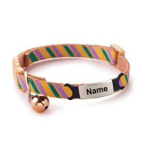 Free Custom ID Name Tag Cat Stripe Collar Bell Necklace Colorful Nylon Kitten Cat Collar Personalized Engraved