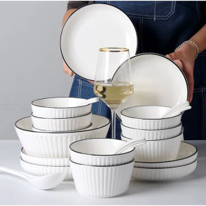 Set bát đĩa sứ 14 chi tiết trắng Seka Bộ chén dĩa viền đen sang trọng