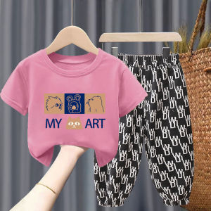 ชุดเซ็ทใส่เที่ยวผู้หญิง-ผู้ชาย ผ้าฝ้าย เสื้อยืดคอกลม+กางเกงขายาว ลายมินนี่-หมีสก็อต อายุ3-10 ปี ยืดหยุ่นใส่สบาย ลายน่ารักทันสมัย