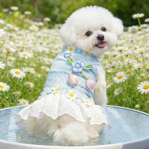 OUTOPEN Breathable Floral Dog Dress Lace Hem Tulip Design Puppy Skirt Fashion Thin Dog Cooling Vest Summer