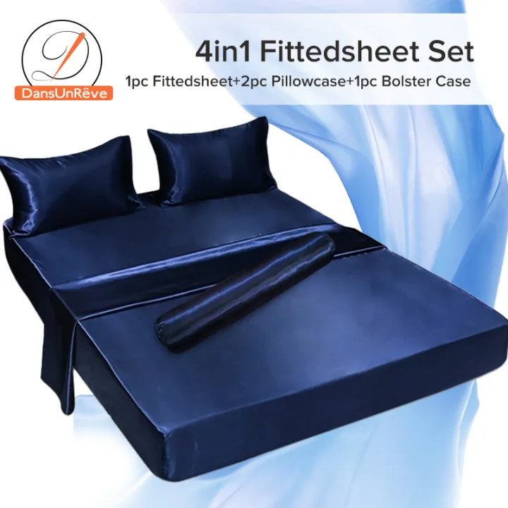 Dansunreve%204in1%20Ice%20Silk%20Bedsheet%20Set%20Cool%20Fittedsheet%20+%20Pillowcase%20+%20Bolster%20Case%20Plain%20Single%20Queen%20King%20Bed%20Sheet%20Sets%20-%20Image%202