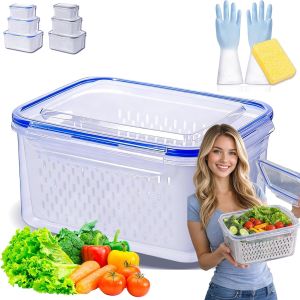 Household Transparent Plastic Food Storage-Including Drain Basket Fruit Storage Containers with Colander 4 in 1 Food Storage Container for Refrigerator (Blue1PC-S)