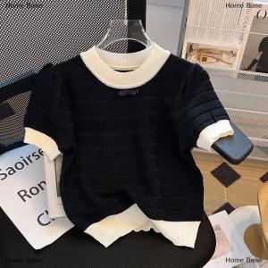 [COD] Home Base Summer Sweet Hollow Out Knitted T-shirt Women Contrast Color Round Neck Short Sleeve Crop Top