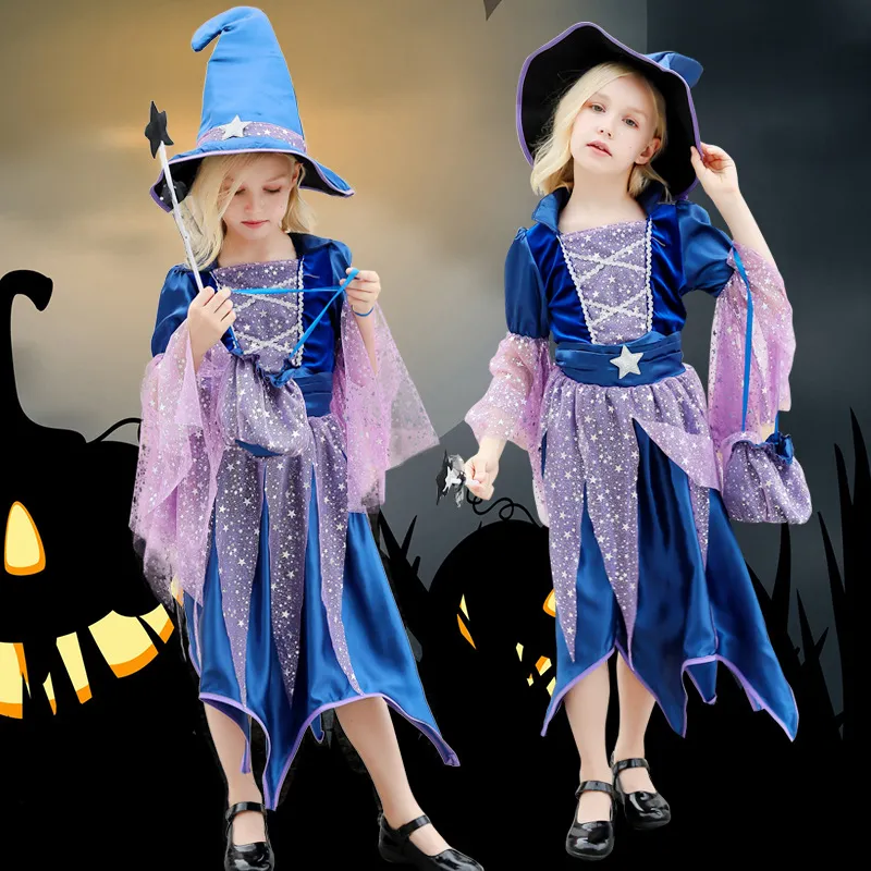 Girls' Kids Witch Costume Holiday Carnival Cosplay Outfit Sparkly Stars Printed Dress Witch Hat Wand Bag 4pcs Set 5db175f61bcec8118fa87b22