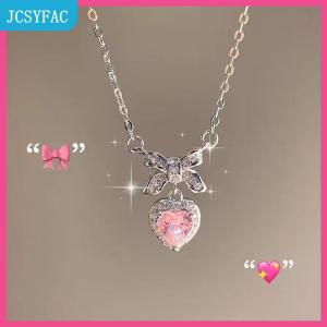 JCSYFAC  Pha Lê Zircon Bowknot Mặt Dây Chuyền Trái Tim Màu Hồng Trái Tim Phụ Nữ Cô Gái Thời Trang Thanh Lịch Xương Đòn Chuỗi Đối Với Phụ Nữ Đồ Trang Sức