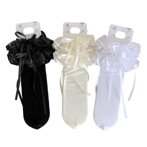 ถุงเท้ายาวถึงเข่าลูกไม้ตัดเย็บสำหรับเด็กผู้หญิงชุดเดรสหวานแต่งระบายยืดหยุ่นได้สำหรับถุงเท้าทรงท่อกลาง