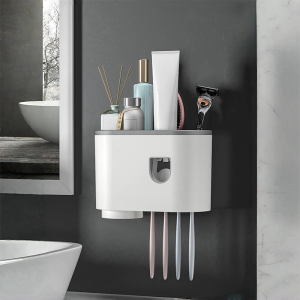 Bathroom Toothbrush Holder Wall Mounted Hanging Toothbrush Holder Storage Rack and Automatic Toothpaste Dispenser Kit with Magnetic Cups and 4 Toothbrush Slots to Save Bathroom Space