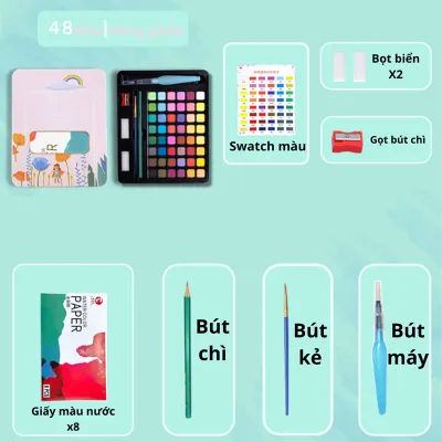 Bộ 48 Màu Nước Nén Solid Water Color Dạng Viên Hộp Thiếc Hộp Màu Vẽ Nước Sắc Tươi Sáng Kèm Cọ Vẽ Và Phụ Kiện Đầy Đủ