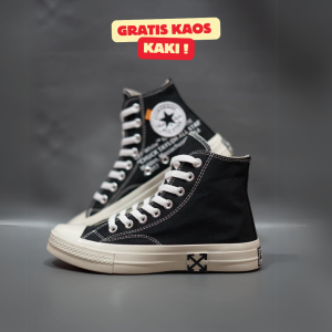SEPATU CNVRS 70S HIGH X OFF WHITE FULL BLACK SOL OREN GLOSSY 37-43