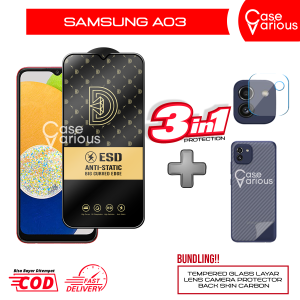 Paket 3in1 Tempered Glass Samsung A03 Anti Gores Layar Anti Static Free Skin Carbon