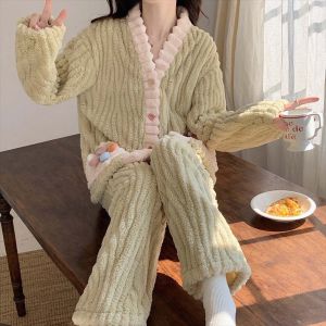VCH Long Sleeve Homewear Cartoon Sleeping Robe Costumes Comfortable Coral Fleece Pajamas Adult Cartoon Pyjama Trousers  Long Sleeves Sleepwear Autumn Winter