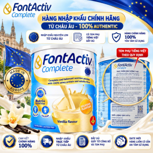 FontActiv Complete bột dinh dưỡng cân bằng với 100% whey protein và chất xơ hòa tan hương vani. Sản phẩm không chứa gluten và lactose.
