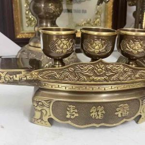 Bộ khay 3 ly bằng đồng hun giả cổ